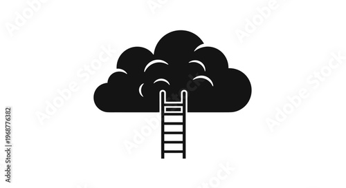 Black silhouette of a ladder leading to clouds.