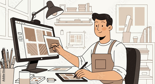 Graphic designer working on a computer, creating a website layout with a tablet and stylus