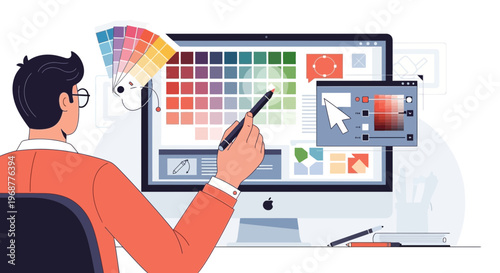 Graphic designer working on a computer with color palette and design software
