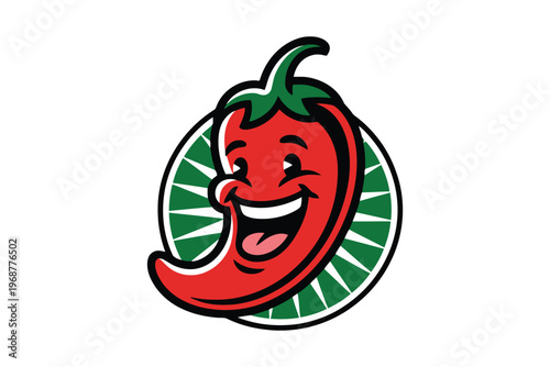 Smiling red chili pepper with green leaf and white background smiling face anthropomorphic cartoon