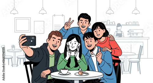 Group of friends taking a selfie at a cafe, smiling and enjoying time together.