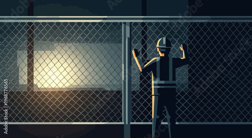 Guard at fence at night, looking out, dramatic lighting, security concept