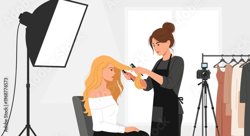Hair stylist preparing model for photoshoot with professional lighting and camera