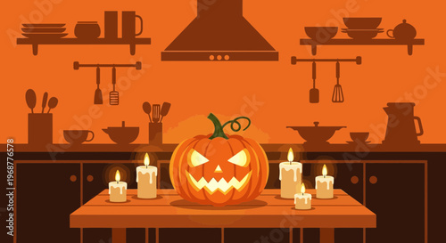 Halloween Jack O Lantern Pumpkin with Candles in Kitchen, Spooky Night Decor
