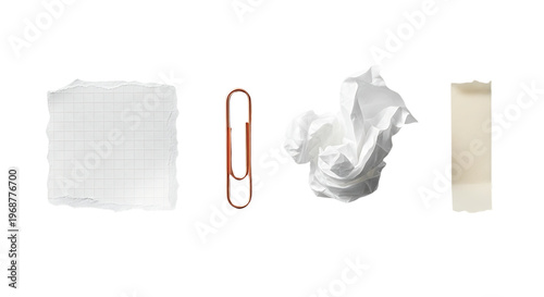 Set of office supplies including a grid paper scrap, a copper paperclip, a crumpled tissue, and a strip of adhesive tape isolated on transparent background