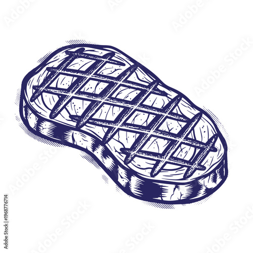Hand drawn of a grilled beef steak with crosshatch sear marks rendered in a dark blue ink style with halftone dot shading isolated on a white background