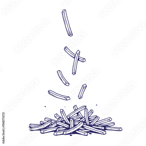 Hand drawn of a pile of crispy french fries with several potato strips falling from above on a white background