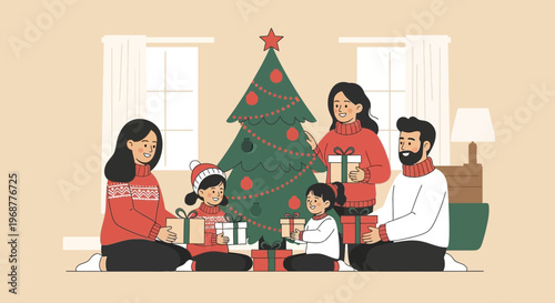 Happy family exchanging Christmas gifts by decorated tree, cozy winter holiday celebration at home