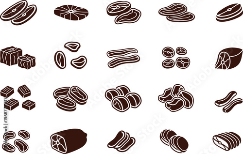 Collection of various meat cuts and steaks on white background for food and culinary use