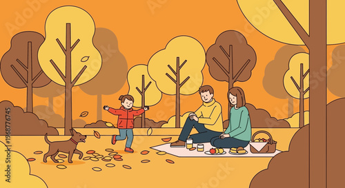 Happy Family Picnic in Autumn Park with Dog, Fall Leaves Falling