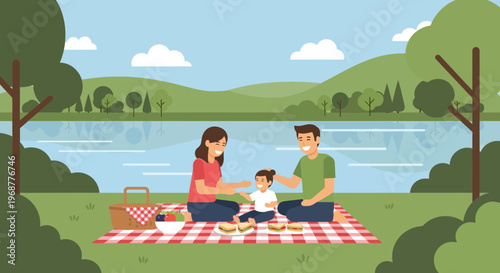 Happy Family Picnic by the Lake, Parents and Child Enjoying Outdoors