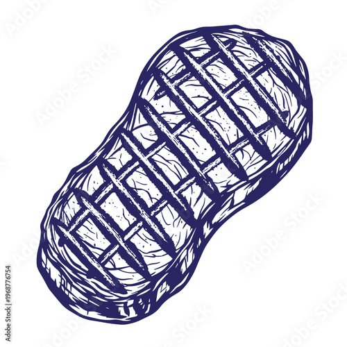 Hand drawn of a single grilled beef steak with dark blue ink lines showing char marks and textured meat grain on a white background