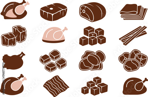 Collection of various meat icons including beef, Chicken, Bacon, And steaks on white background