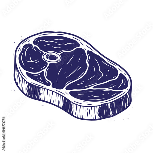 Hand drawn of a thick raw beef steak cut with a central bone isolated on a white background in dark blue ink style