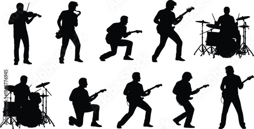 Silhouette musicians ensemble, playing instruments, violin saxophone guitar drums, dynamic performance poses, music band rehearsal, artistic black silhouettes illustration