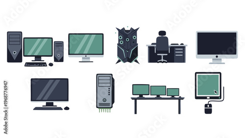 Collection of diverse computer setups and components for digital technology