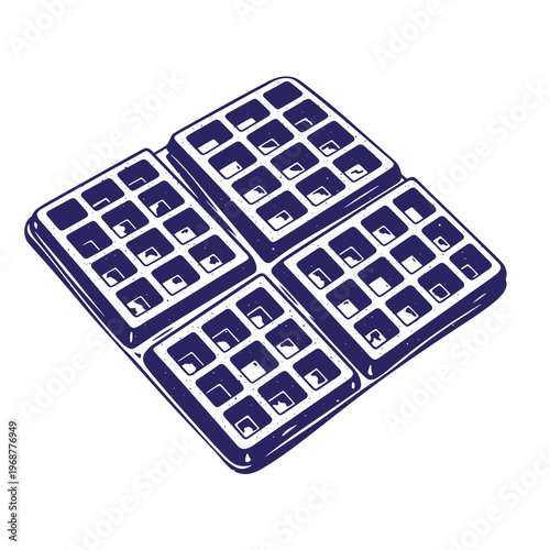 Isometric of a square belgian waffle with deep grid pockets rendered in a dark blue monochromatic ink style on a white background