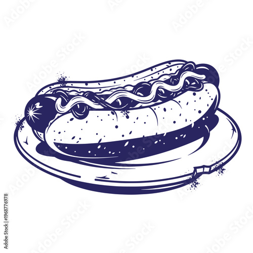Monochromatic blue ink of a hot dog in a bun topped with wavy mustard on a round plate with subtle ink splatter textures isolated on a white background