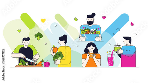 Diverse people enjoying healthy food and drinks in a vibrant, modern illustration