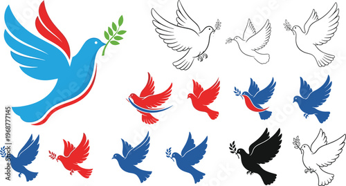 Large collection of dove of peace icons featuring birds in flight with olive branches in various styles including flat silhouettes line art and colorful outlines
