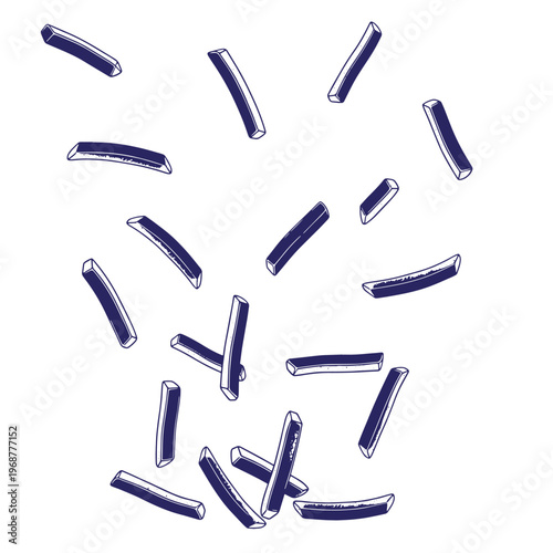 Scattered deep blue french fries with hand drawn ink lines on a white background showing various angles of potato sticks falling in a pattern
