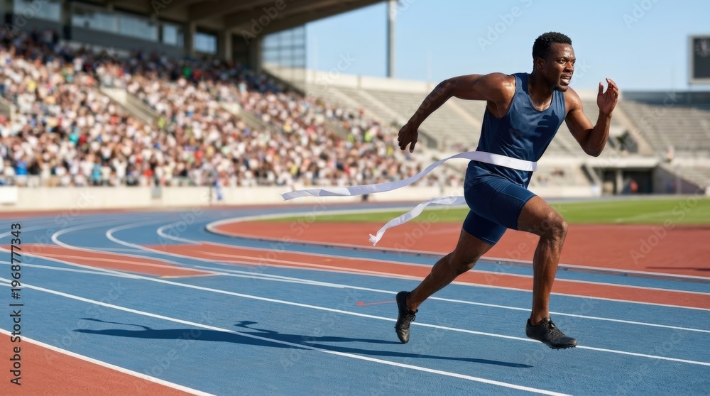Fototapeta premium Determined sprinter breaking finish tape on modern outdoor track