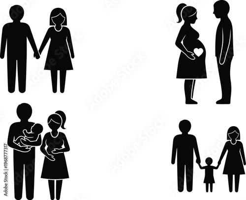Diverse family silhouettes illustrate different life stages and relationships, including.
