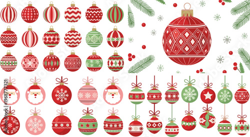 Comprehensive collection of Christmas bauble ornaments featuring Santa Claus faces snowflakes and geometric patterns in red and green for holiday tree decoration designs
