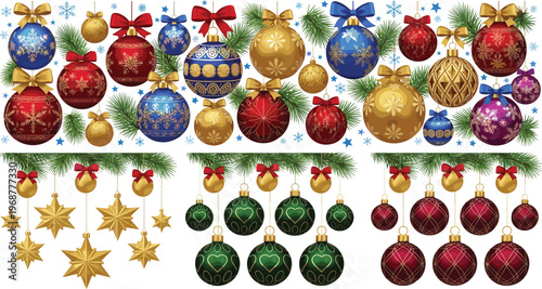 Elegant Christmas ornament collection featuring luxury gold red and blue baubles with snowflakes stars and bows hanging from green pine branches for holiday decorations
