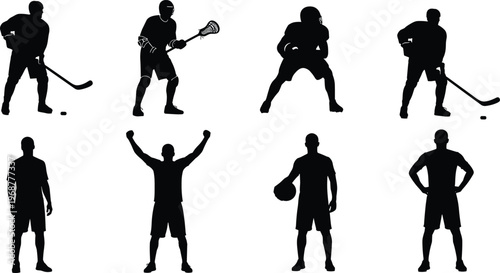 Sports silhouettes, hockey player, lacrosse athlete, football stance, basketball icon, athletic figure, fitness design, team sport, competitive game illustration