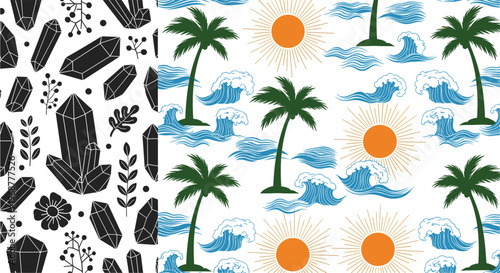 Seamless summer tropical pattern background with palm trees ocean waves and sun paired with mystical black crystal gem and botanical leaf pattern