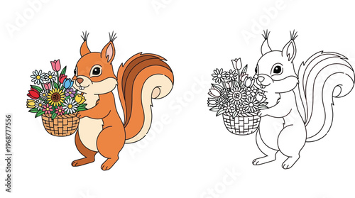 Cute cartoon squirrel holding a basket of spring flowers colored illustration and black and white line art for kids coloring book page