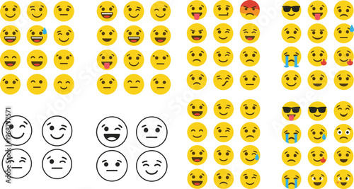 Comprehensive collection of yellow emoji face icons featuring a wide variety of facial expressions including happy sad angry laughing and winking in flat and outline styles