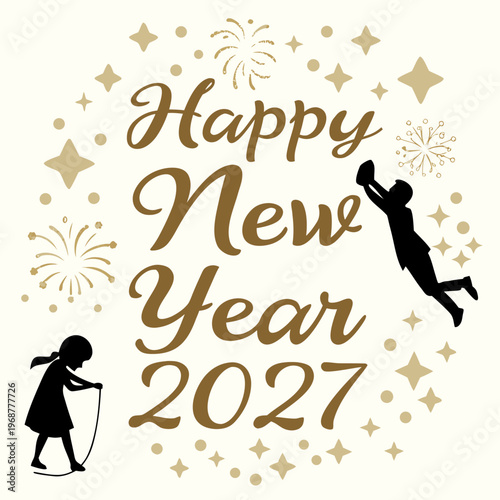A festive new year illustration depicts children celebrating with fireworks jump ropes and sparkling golden star decorations high quality professional