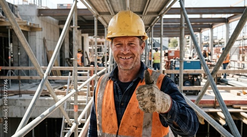 Construction worker giving thumbs up on scaffold at site