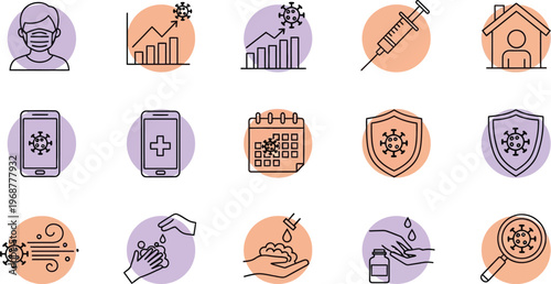 Health and safety icons represent pandemic prevention measures, including masks, hygiene.