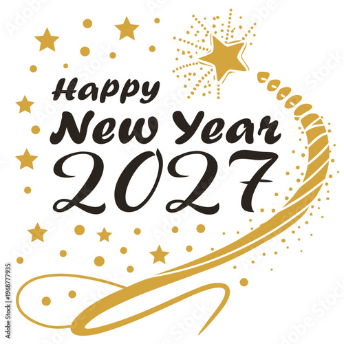 A festive illustration announces happy new year 2027 with golden stars sparkling elements and elegant calligraphy high quality professional detailed