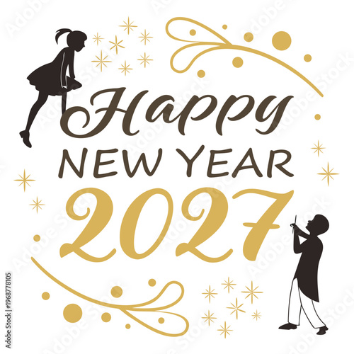 A festive new year illustration featuring silhouettes of a dancing couple and celebratory golden sparkles around text high quality professional