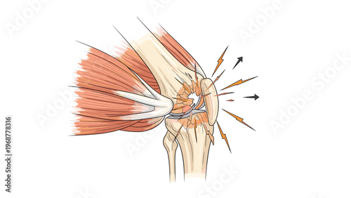 Illustration of a human knee joint showing severe pain with lightning bolts and arrows indicating inflammation and injury.