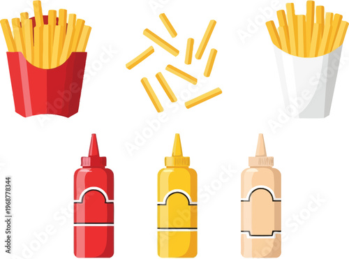 French fries and condiment bottles offer a classic fast food combination for culinary.