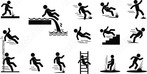 Human stick figures depict various falling and slipping accidents in different environments.