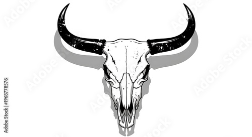 The striking depiction of a buffalo skull with prominent curved horns and intricate bone structure