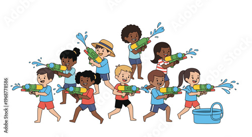 Large group of diverse children having fun and playing with water guns on a sunny day for summer vacation and pool parties.