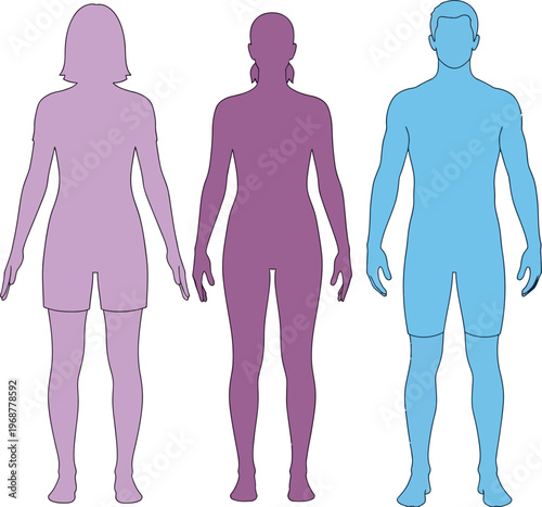 Silhouettes of a man and two women represent diverse human figures in different colors.