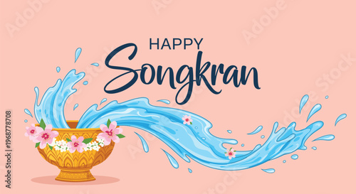 Beautiful traditional bowl with flowers and water splash for the songkran festival celebration in thailand on pink background.