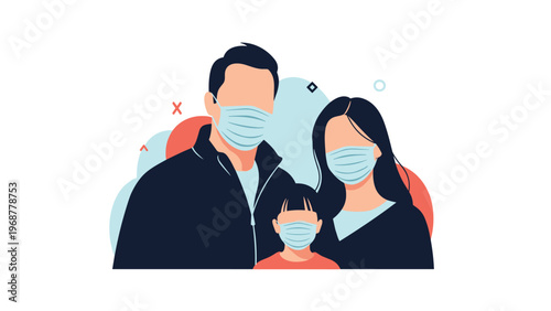 Family of three including father, mother, and child all wearing protective medical face masks to prevent illness.