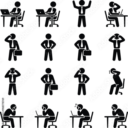 Black and white of diverse people working sitting and standing in various office postures des