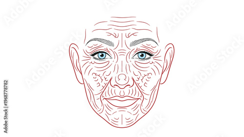 Close up detailed illustration of an elderly womans face with blue eyes and many wrinkles showing signs of aging.