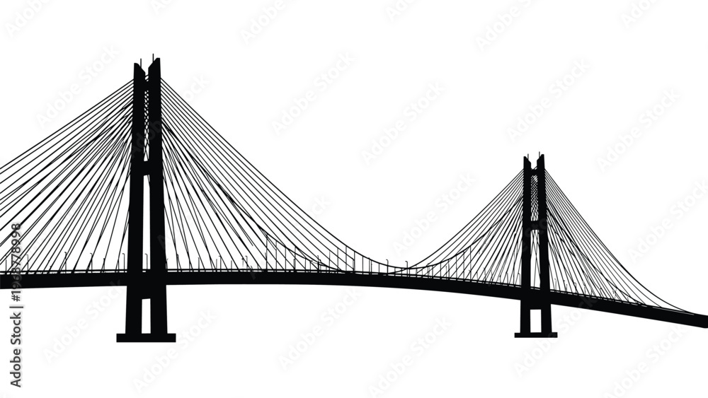 Obraz premium Minimalist silhouette of a large suspension bridge with towering supports and long cables against a white background.