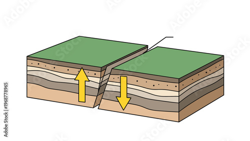 Geological diagram showing a normal fault where two land blocks move in opposite vertical directions indicated by arrows.